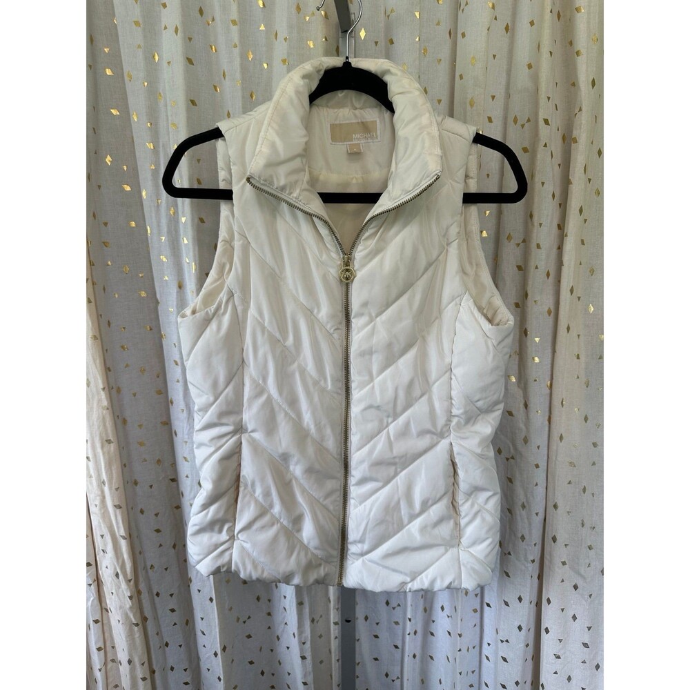 Michael Kors MK Women's Ivory Gold Tone Hardware Chevron Quilted Puffer Vest M